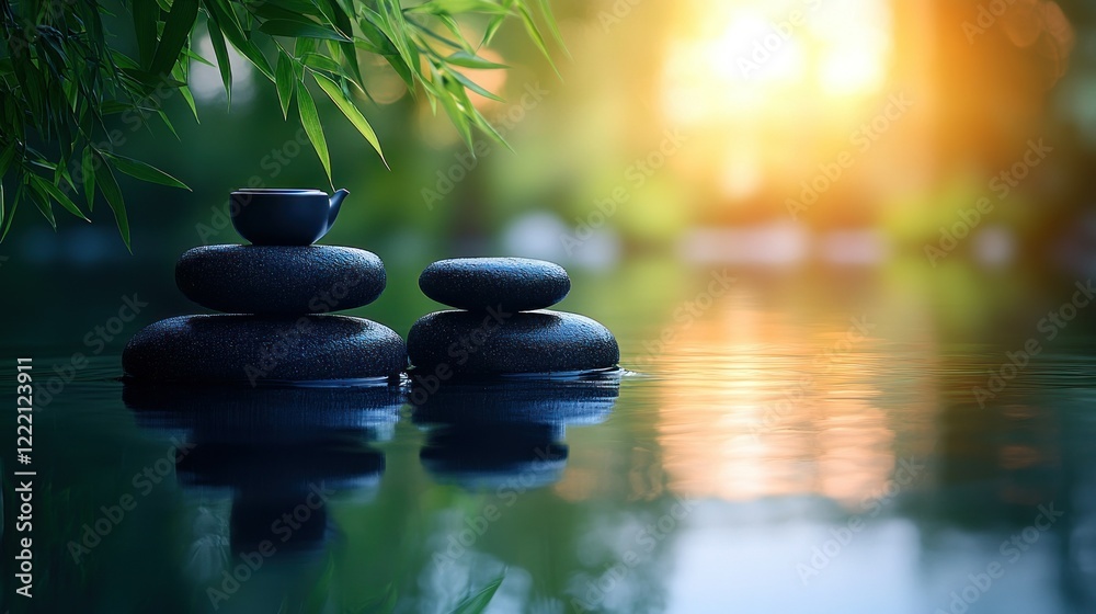 Serene Sunset: Zen Stones and Teacup Reflection in Tranquil Water Serene Sunset: Zen Stones and Teacup Reflection in Tranquil Water