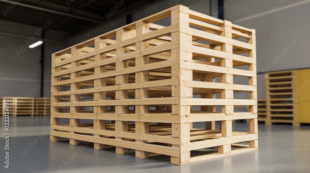 Industrial racks filled with large wooden pallets in a spacious warehouse. Industrial racks filled with large wooden pallets in a spacious warehouse.