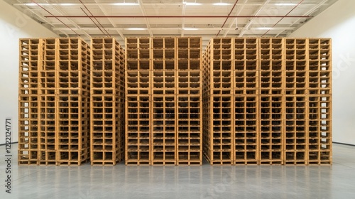 Industrial racks filled with large wooden pallets in a spacious warehouse.