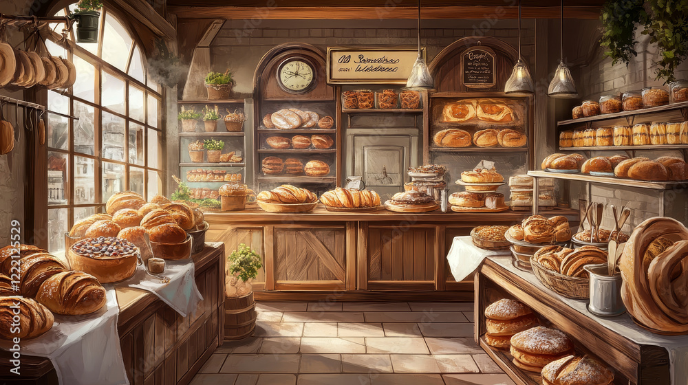 Bakery shop interior with checkout, display cases and shelves with freshly baked bread and baguettes, buns and cakes, donuts and cupcakes. Cartoon vector illustration of warm fresh pastries market. Bakery shop interior with checkout, display cases and shelves with freshly baked bread and baguettes, buns and cakes, donuts and cupcakes. Cartoon vector illustration of warm fresh pastries market.