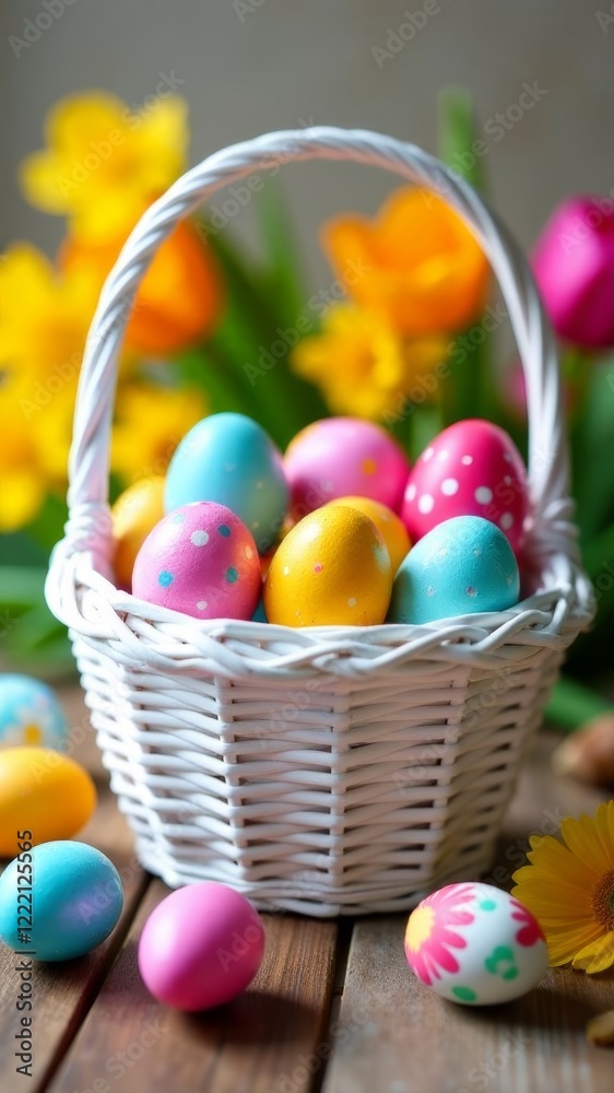 Fototapeta premium White wicker basket with colorful Easter eggs. Easter, greeting card.