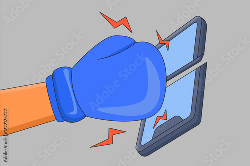 the cellphone was smashed with a boxing glove. vector illustration