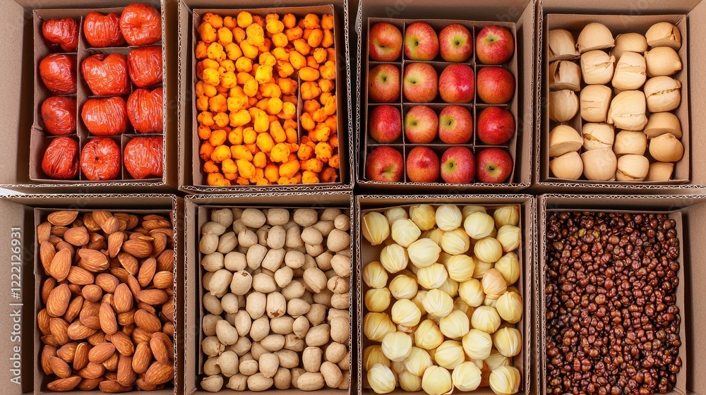 Assorted dried fruits & nuts in boxes, overhead studio shot Assorted dried fruits & nuts in boxes, overhead studio shot