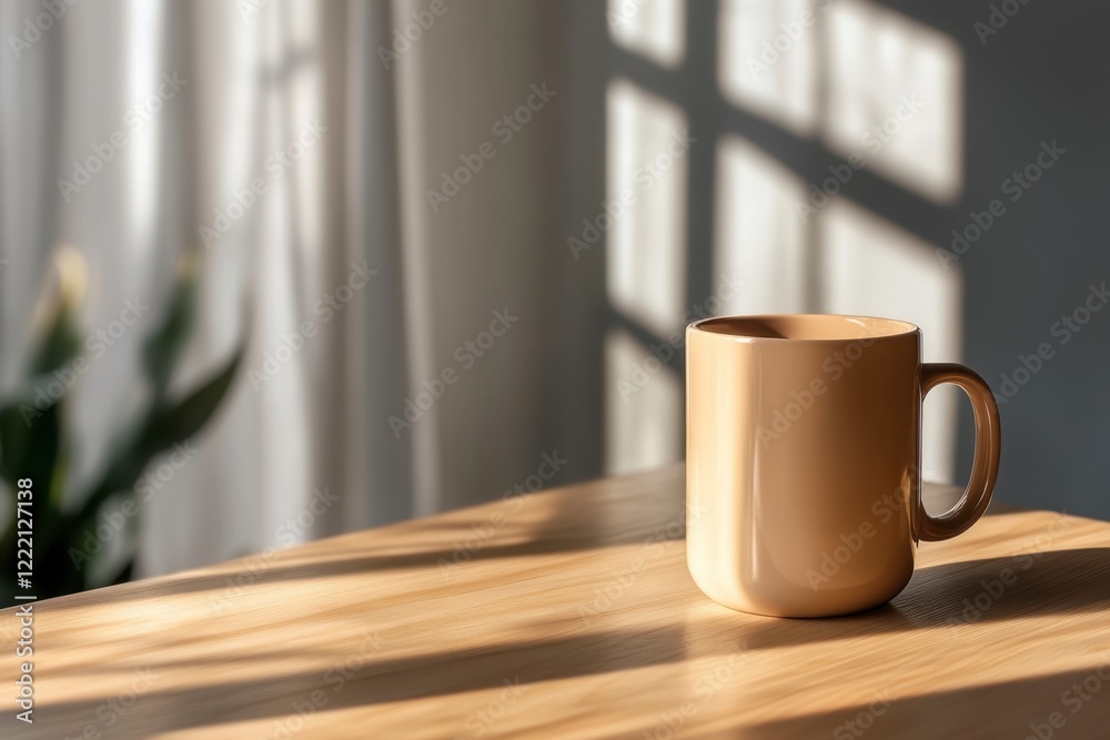 Fototapeta premium Cozy Coffee Mug on Wooden Table with Gentle Morning Light