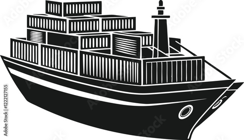 Silhouette of a cargo ship loaded with containers.