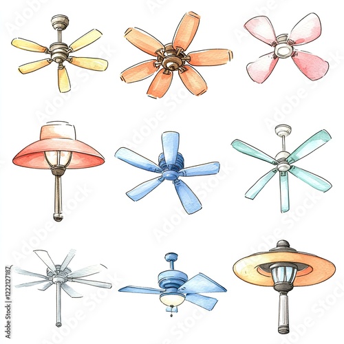 Illustration of nine different ceiling fans and light fixtures, with each fan having a unique color and style.