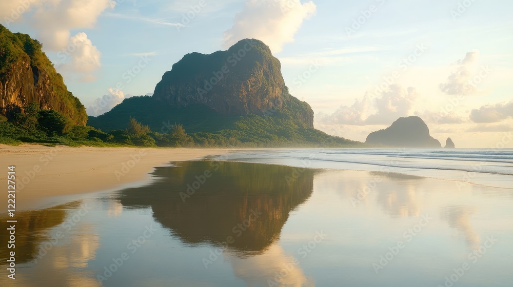 Naklejka premium A calm beach with glassy water reflecting the soft colors of the sky during golden hour