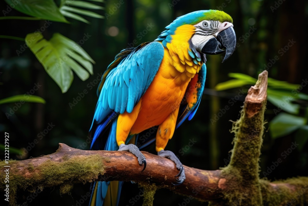 A vibrant blue and yellow Macaw resting on a branch in a lush green setting during early morning hours, showcasing its colorful feathers and curious demeanor A vibrant blue and yellow Macaw resting on a branch in a lush green setting during early morning hours, showcasing its colorful feathers and curious demeanor