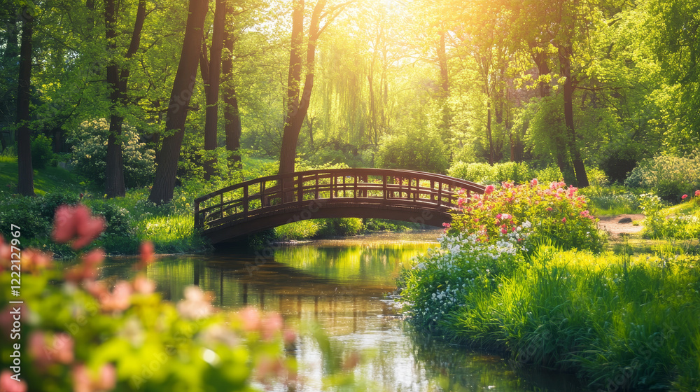 Forest landscape with bridge on river background. Cartoon fairytale summer nature valley with grass, bush and flowers. Garden environment and crossing construction with railing. Sunny game drawing Forest landscape with bridge on river background. Cartoon fairytale summer nature valley with grass, bush and flowers. Garden environment and crossing construction with railing. Sunny game drawing