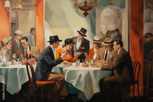 Men and women engage in lively conversation while enjoying a delightful lunch meeting at a bustling bistro during a sunny day in a stylish retro setting