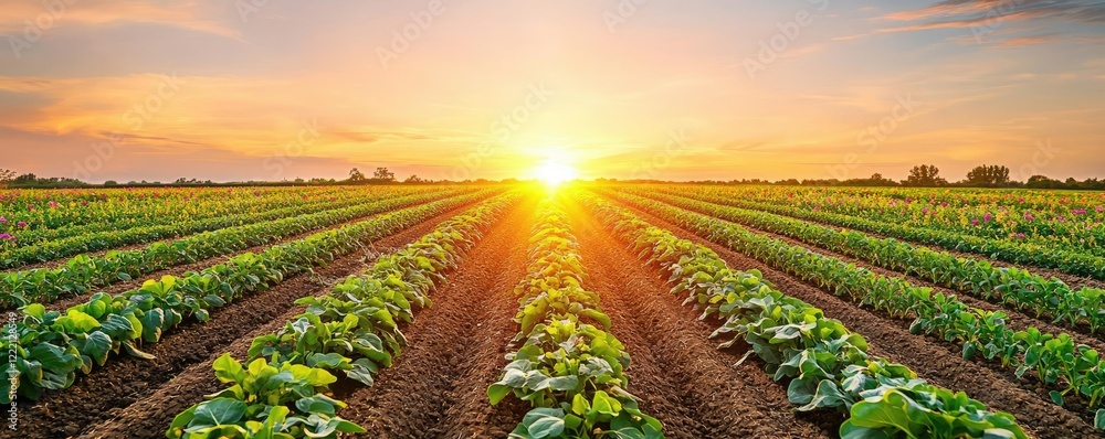 Foods security gardening idea. Sunrise over a lush green field, showcasing rows of vibrant crops under a colorful sky. Foods security gardening idea. Sunrise over a lush green field, showcasing rows of vibrant crops under a colorful sky.