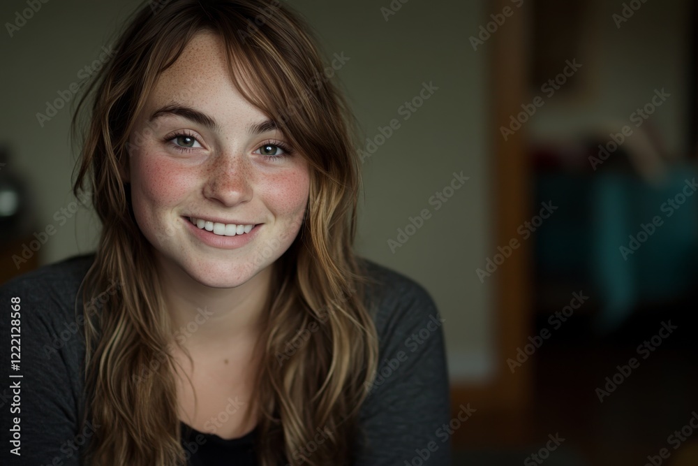 A young woman smiles warmly, showcasing her perfect white teeth and glowing skin, illuminated by natural light in a cozy indoor setting A young woman smiles warmly, showcasing her perfect white teeth and glowing skin, illuminated by natural light in a cozy indoor setting