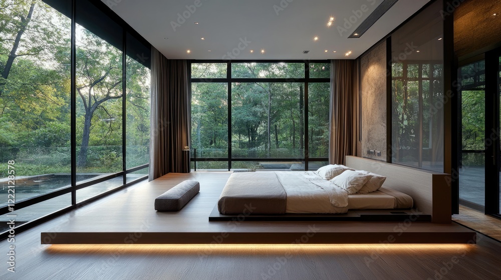Fototapeta premium Spacious modern bedroom with a sleek low bed, large windows, and neutral tones for a calming atmosphere.