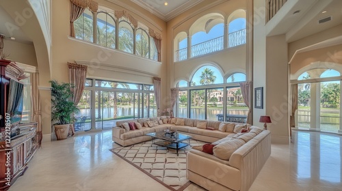 Spacious living room with high ceilings, large windows, a sectional sofa, and a geometric area rug.