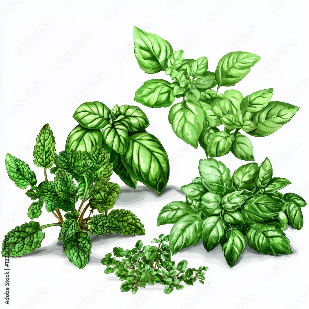 Fresh Green Culinary Herbs Collection Featuring Basil, Mint, Oregano, and Other Flavorful Foliage on Bright Background Fresh Green Culinary Herbs Collection Featuring Basil, Mint, Oregano, and Other Flavorful Foliage on Bright Background