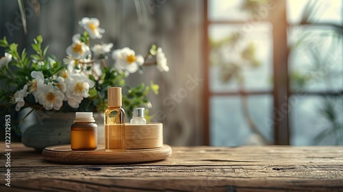 two bottles of essential oils on a wooden tray photo