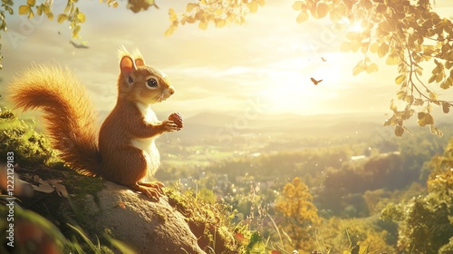 A picturesque scene of a squirrel perched on a rock, enjoying a nut as the sun sets over a serene landscape filled with trees and distant hills, showcasing the beauty of nature. photo