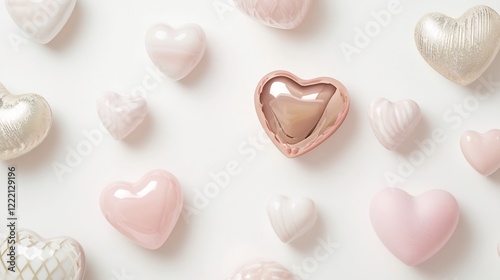 Clean white background featuring pastel nubes glossy heart shaped objects and abstract romantic designs celebrating love and passion with soft and elegant touches