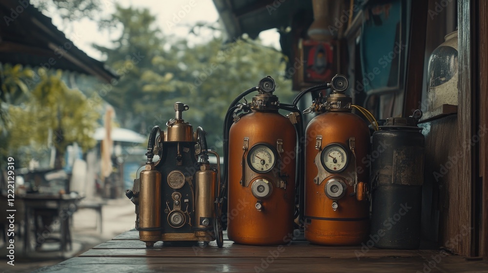 Naklejka premium A lightweight rebreather system placed beside traditional scuba tanks for comparison
