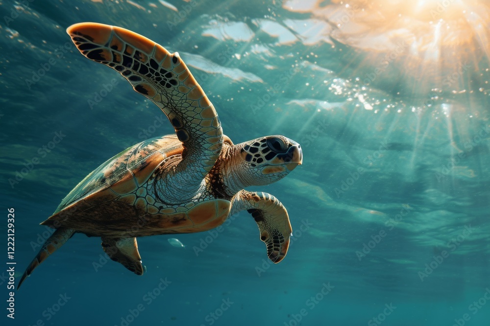 Obraz premium A graceful sea turtle swims through the clear blue ocean waters, illuminated by shimmering sunlight filtering from above, showcasing the beauty of marine life during a calm afternoon