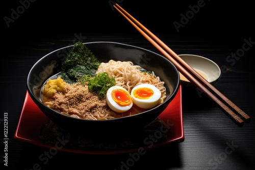 Aesthetic bowl of ramen with soft-boiled eggs, seaweed, and chopsticks served on a dark wooden table in a cozy dining setting during evening hours photo