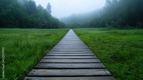 Wooden boardwalk through misty meadow and forest. Nature and travel themes