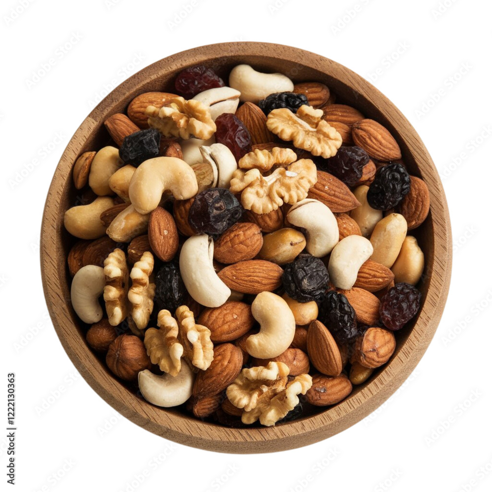 Wooden bowl with mixed nuts and dried fruits, including almonds, walnuts, raisins, and blackberries, isolated on transparent background PNG Wooden bowl with mixed nuts and dried fruits, including almonds, walnuts, raisins, and blackberries, isolated on transparent background PNG