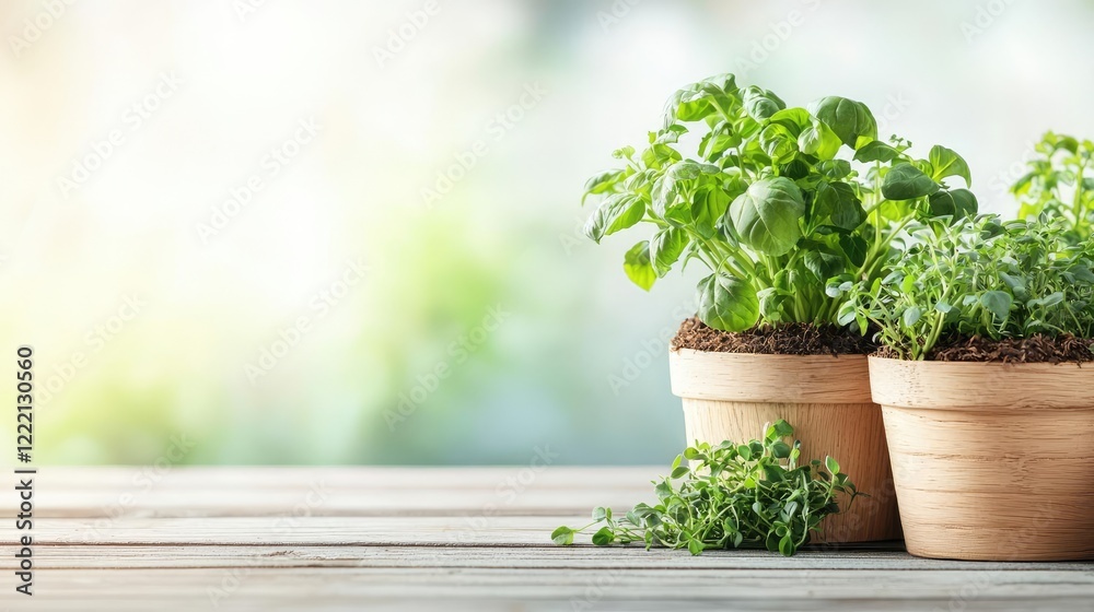 Foods security gardening idea. Fresh herbs growing in pots on a wooden table with a soft blurred background. Foods security gardening idea. Fresh herbs growing in pots on a wooden table with a soft blurred background.