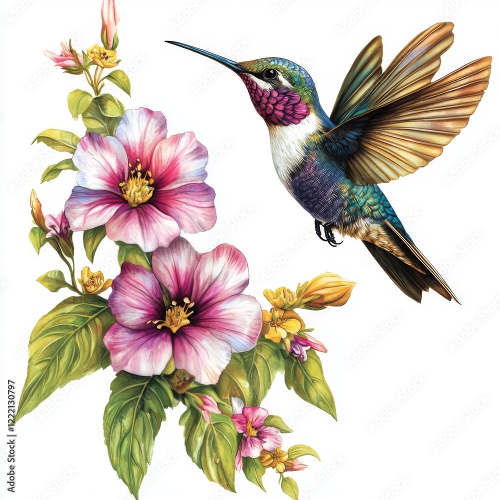 Fototapeta premium Vibrant Hummingbird Hovering Near Colorful Blossoms in Nature Scene