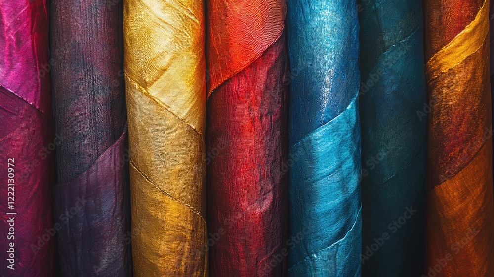 A vibrant array of fabrics stacked in a textile factory warehouse, soft, ambient lighting highlighting the colors and textures of each roll A vibrant array of fabrics stacked in a textile factory warehouse, soft, ambient lighting highlighting the colors and textures of each roll