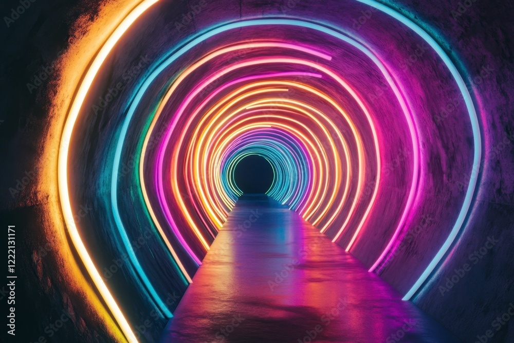 Vibrant Neon Tunnel with Colorful Lights and Reflective Surface Vibrant Neon Tunnel with Colorful Lights and Reflective Surface