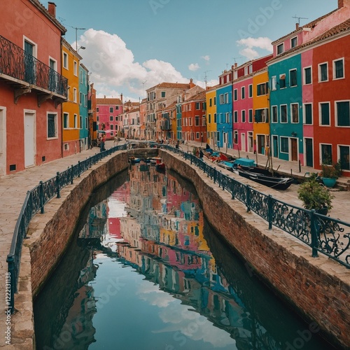 A whimsical canal lined with colorful homes, bridges connecting each side, with people strolling along the path.