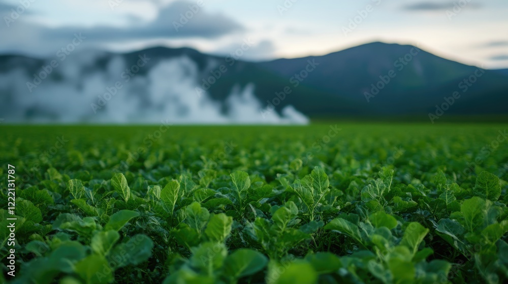 Vibrant Green Field with Mountain Background: Lush green crop flourishing in a vast field, mountains and clouds creating a serene backdrop. This image evokes a sense of abundance and tranquility. Vibrant Green Field with Mountain Background: Lush green crop flourishing in a vast field, mountains and clouds creating a serene backdrop. This image evokes a sense of abundance and tranquility.