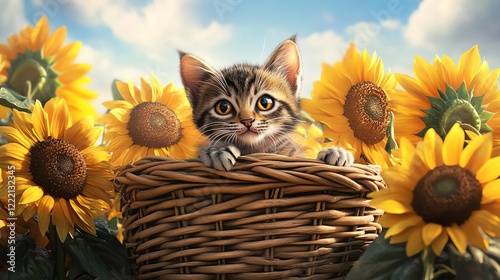 A playful kitten peeks out from a wicker basket surrounded by vibrant sunflowers under a clear blue sky, capturing the essence of joy and innocence in nature. photo