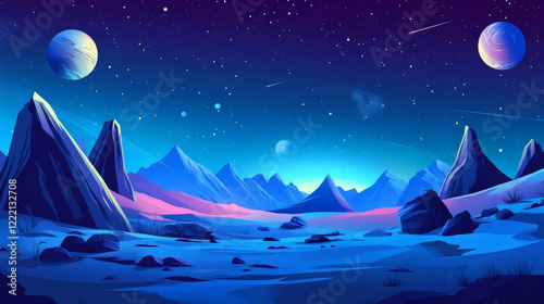 Dark night blue alien planet surface with desert and rock cliff mountains. Cartoon vector fiction outer space landscape with big stones and celestial bodies in sky for game level background.