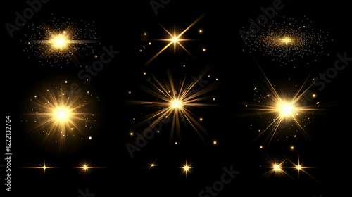 Light effects of glow, shine rays, sun beams. Abstract burst effect with bright gold flare and sparkles. Magic yellow light, star rays or explode flash, vector realistic set
