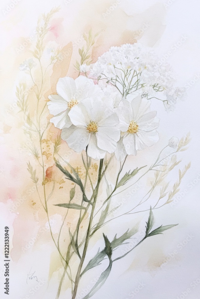 Obraz premium Elegant Watercolor Floral Arrangement with White Blooms and Greenery