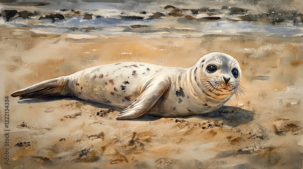 A playful seal lounging on a sandy beach, basking in the sun. Its textured fur and striking eyes create an engaging image of marine life in a serene environment. A playful seal lounging on a sandy beach, basking in the sun. Its textured fur and striking eyes create an engaging image of marine life in a serene environment.