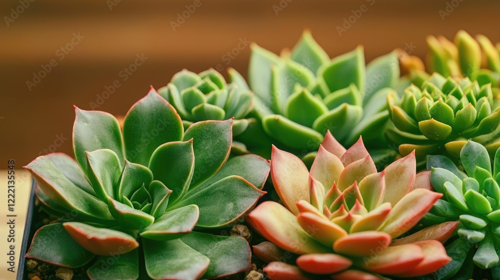 Fototapeta premium Water conservation gardening idea. A vibrant selection of colorful succulents displaying various shapes and textures.
