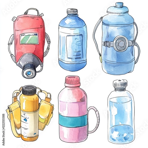 Six watercolor illustrations of different types of water bottles and hydration packs.