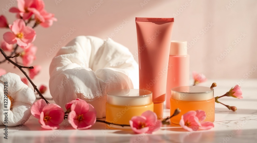 A collection of skincare products in soft pastel colors with cherry blossoms, representing facial cleansing and springtime exfoliation. A collection of skincare products in soft pastel colors with cherry blossoms, representing facial cleansing and springtime exfoliation.