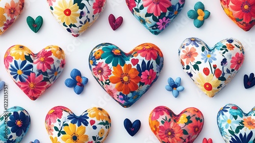Creative generative AI design of heart shaped floral patterns with vibrant colors set against a clean white background for valentines day