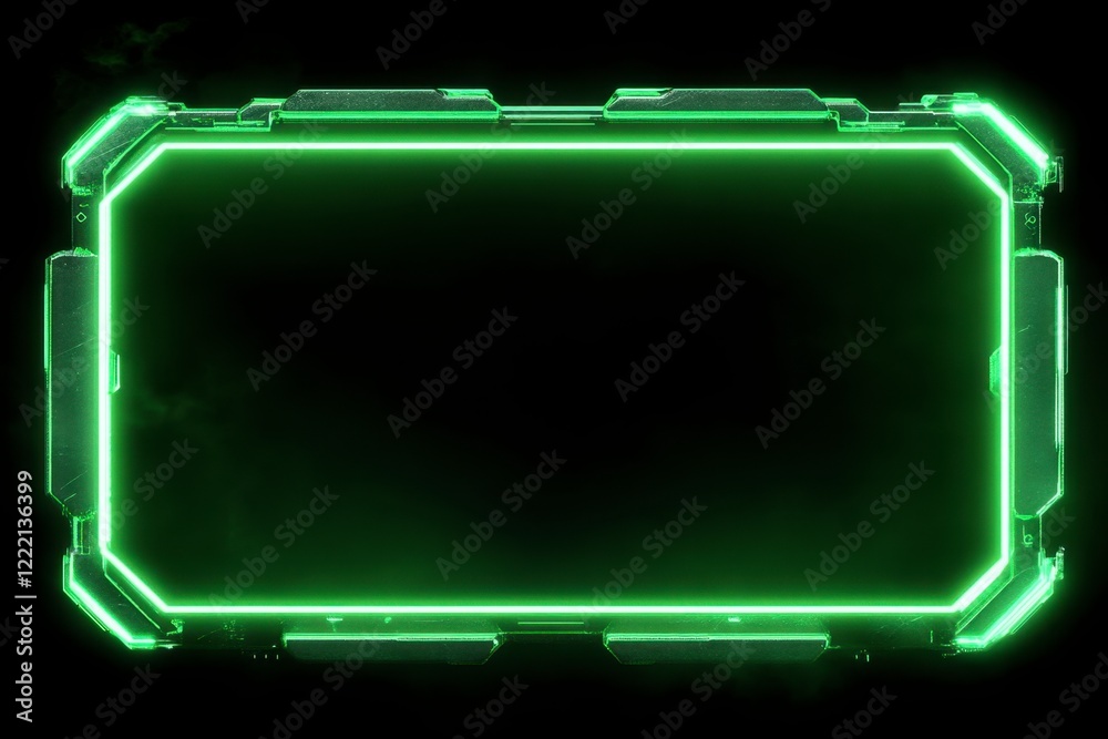 Futuristic Green LED Frame with Glowing Edges on Dark Background Futuristic Green LED Frame with Glowing Edges on Dark Background
