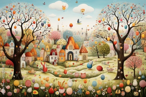 A colorful Easter egg hunt takes place in a blooming spring garden, featuring playful animals, vibrant decorations, and cheerful townsfolk engaging in the festive celebration