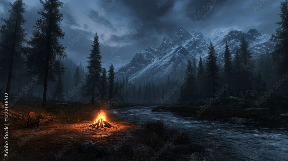 Fototapeta premium Night forest with camp, fire, river and mountains