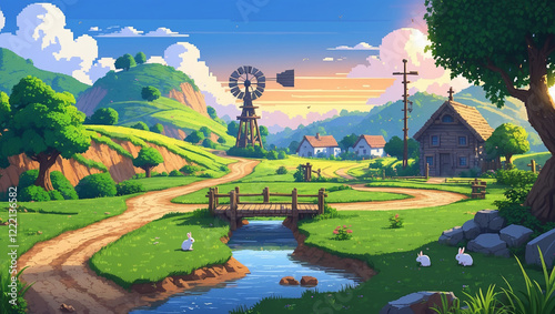 A charming pixel art scene depicts a serene village nestled in green hills, featuring a windmill