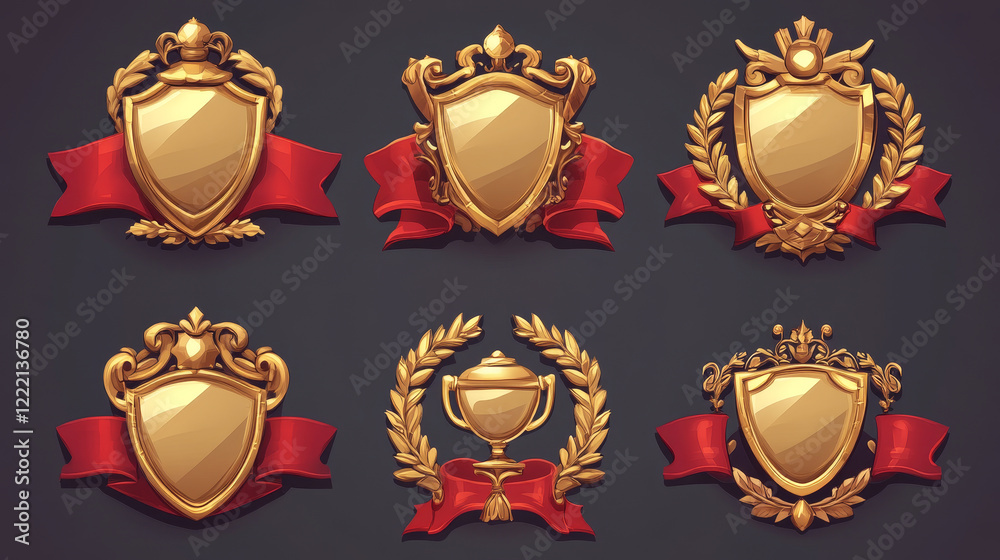 Golden game award shields, badges, level ui icons. Empty gold frames with red banners and laurel wreaths. Isolated bonus graphic elements, reward, trophy achievement and prize, Cartoon vector set Golden game award shields, badges, level ui icons. Empty gold frames with red banners and laurel wreaths. Isolated bonus graphic elements, reward, trophy achievement and prize, Cartoon vector set