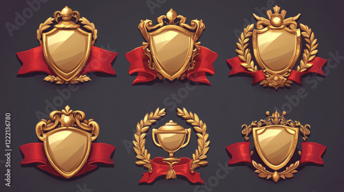 Golden game award shields, badges, level ui icons. Empty gold frames with red banners and laurel wreaths. Isolated bonus graphic elements, reward, trophy achievement and prize, Cartoon vector set