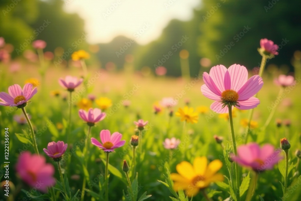 Pink and yellow wildflowers in a sun-drenched meadow, landscape, pink, nature Pink and yellow wildflowers in a sun-drenched meadow, landscape, pink, nature