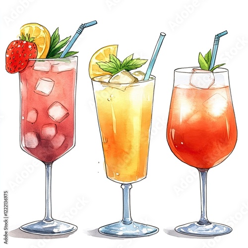 Three colorful cocktails with ice cubes, garnished with fruit and mint, in tall glasses with straws on a white background.